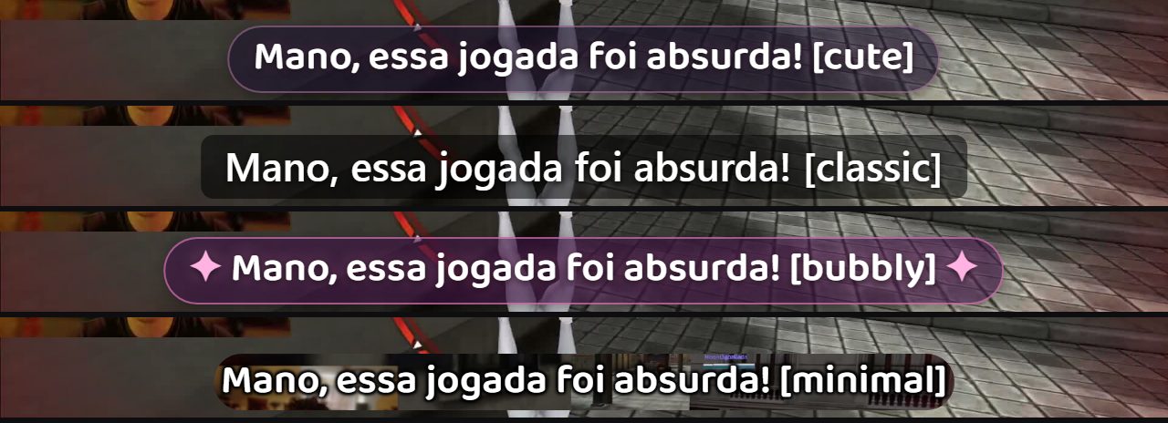 The same Portuguese subtitle, “Mano, essa jogada foi absurda!”, shown in the four caption looks over gameplay: Cute, Classic, Bubbly and Minimal.