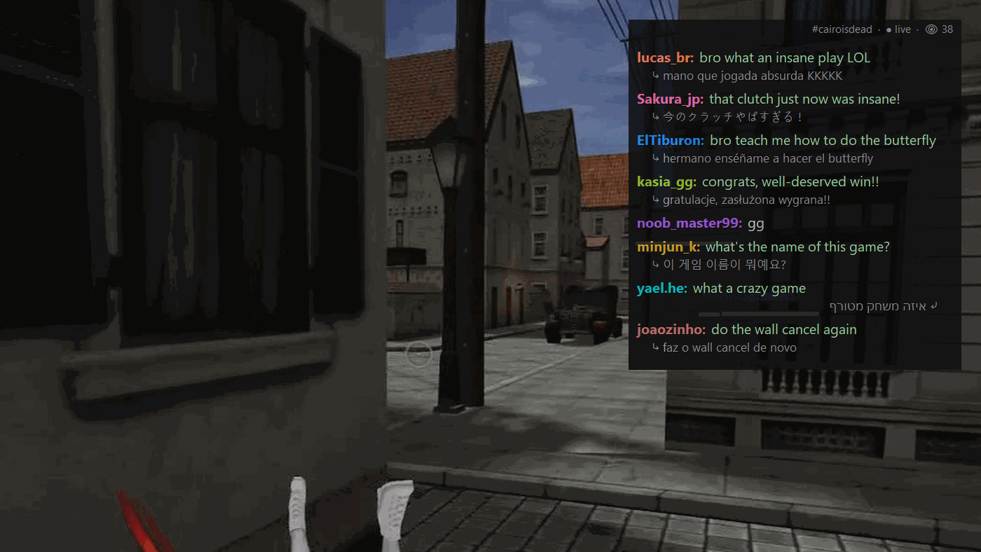 The Streamlate chat overlay over GunZ gameplay: chat messages from Portuguese, Japanese, Spanish, Polish, Korean and Hebrew speakers, each shown translated into English with the original underneath.